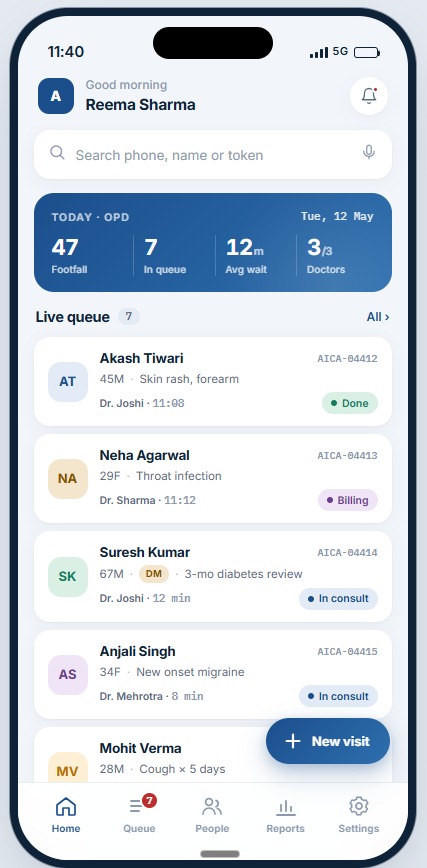 AICA clinic app home screen